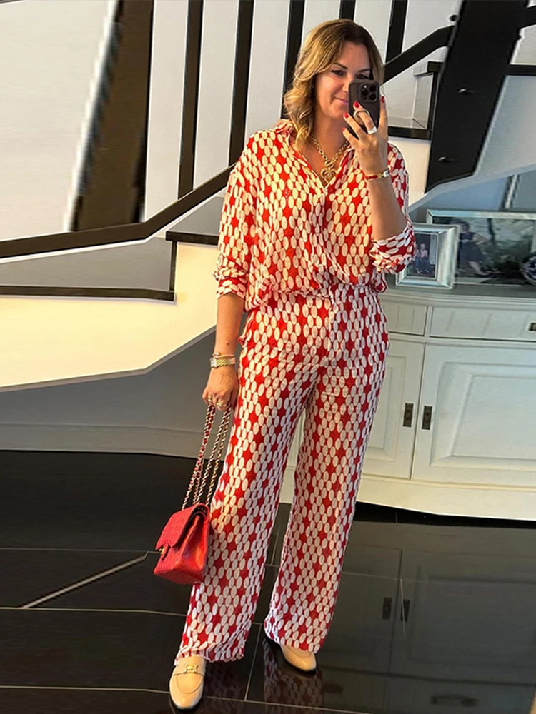 Women Blouse Pant 2 Pcs Sets Casual Single Breasted Long Sleeve Female Suits 2025 Spring Summer Chic Lady Streetwear Outfits 250715