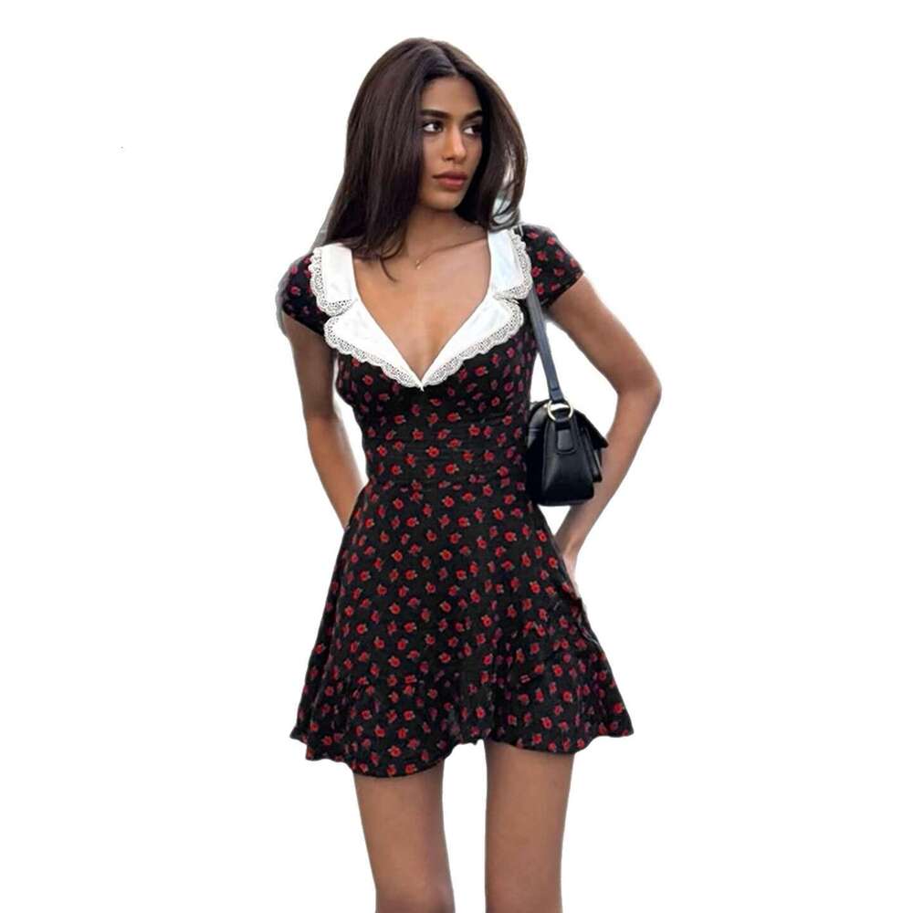 V-Neck Sleeve With Rose Floral Print, Sweet And Spicy Style, Waist-Cinching A-Line Short Dress B5