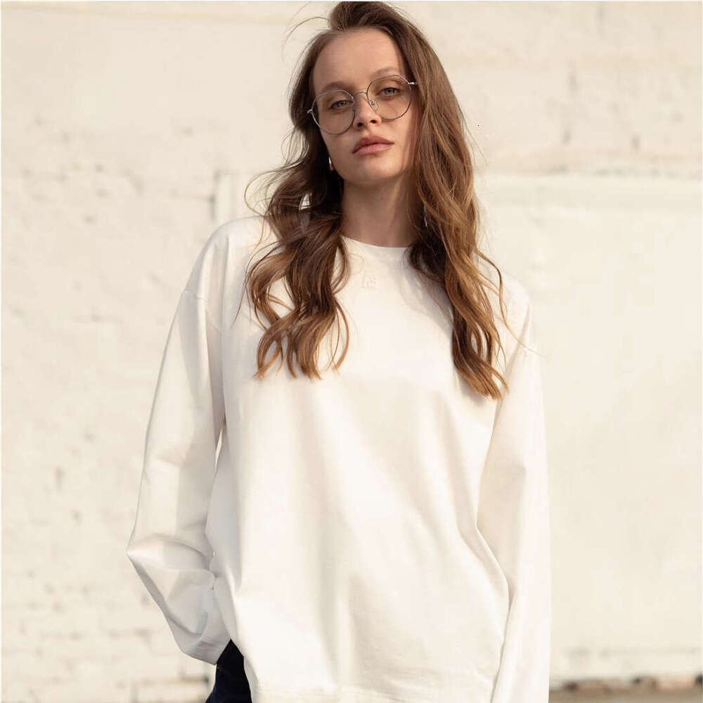 Spring New Solid Color Long Sleeve T-Shirt For Women Loose Fit Pure Cotton Round Neck Basic Top B5