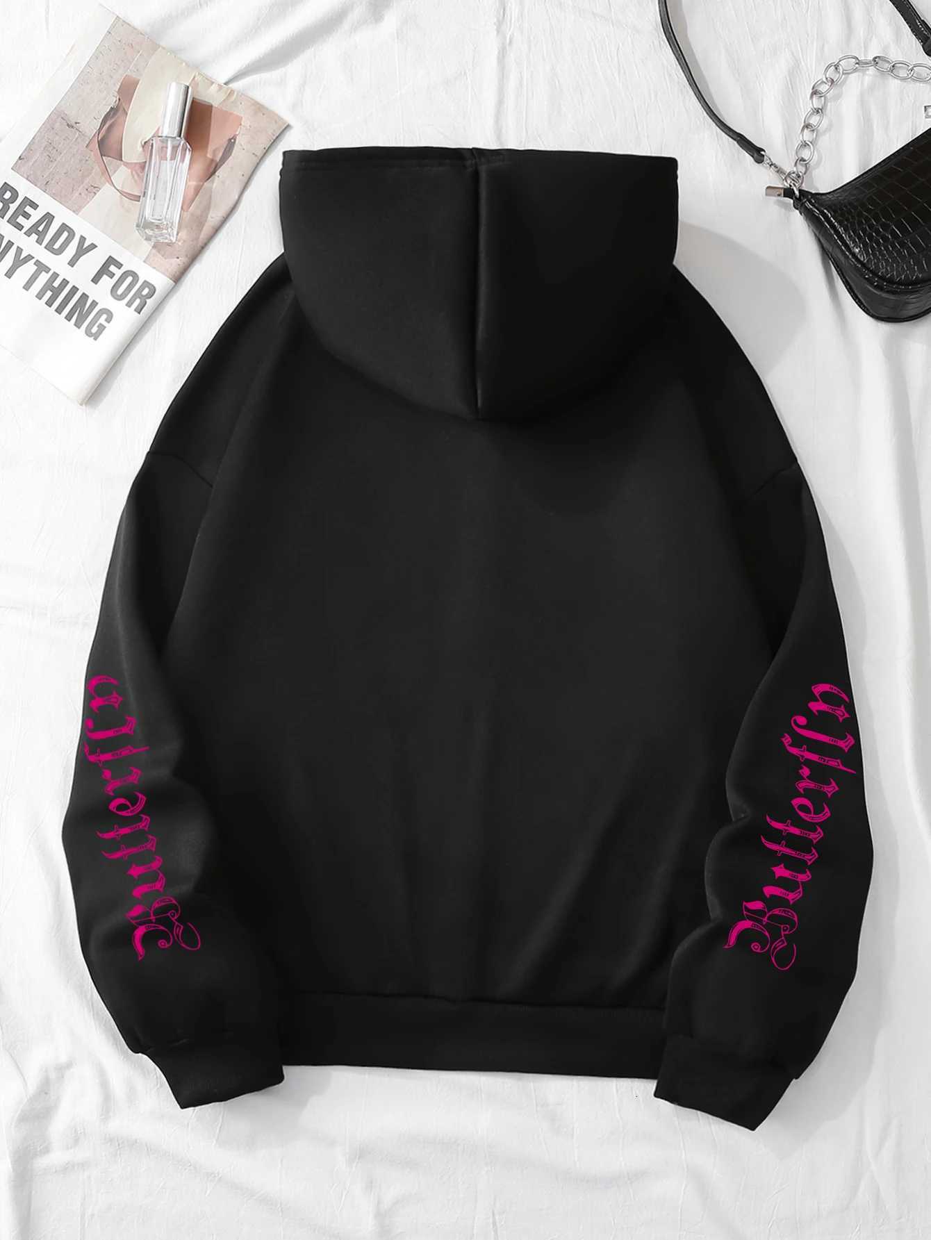 Butterfly Letter Print Drawstring Hoodie Casual Long Sleeve Kangaroo Pocket Hoodie Sweatshirt Womens Clothing XJ250717