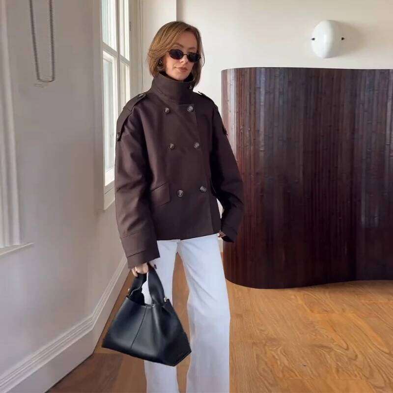 Vintage Double Breasted Trend Coat Women Commute Elegant Loose Long Sleeve Top Jacket Spring Street Stand Collar Outwear