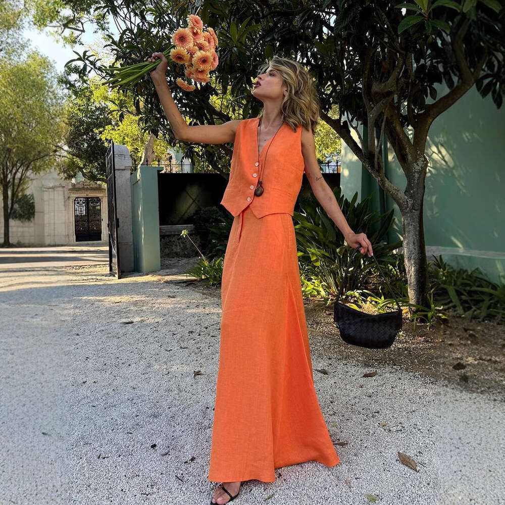 Cotton Linen And For Women Summer New Vest + Flared Skirt Casual Set B5