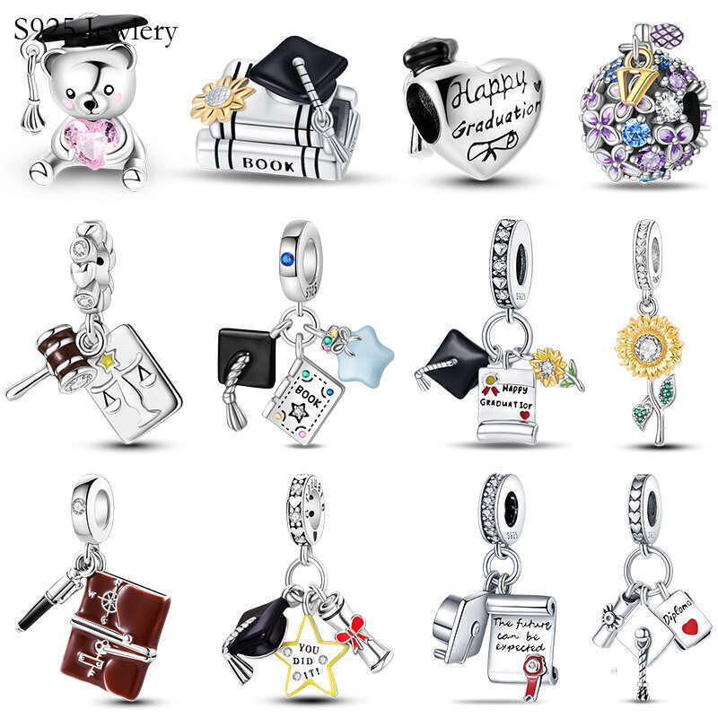 S925 925 Sterling Silver Graduation Season Series Owl Bachelor's Hat Charms Beads Fit Original Bracelets DIY Jewelry