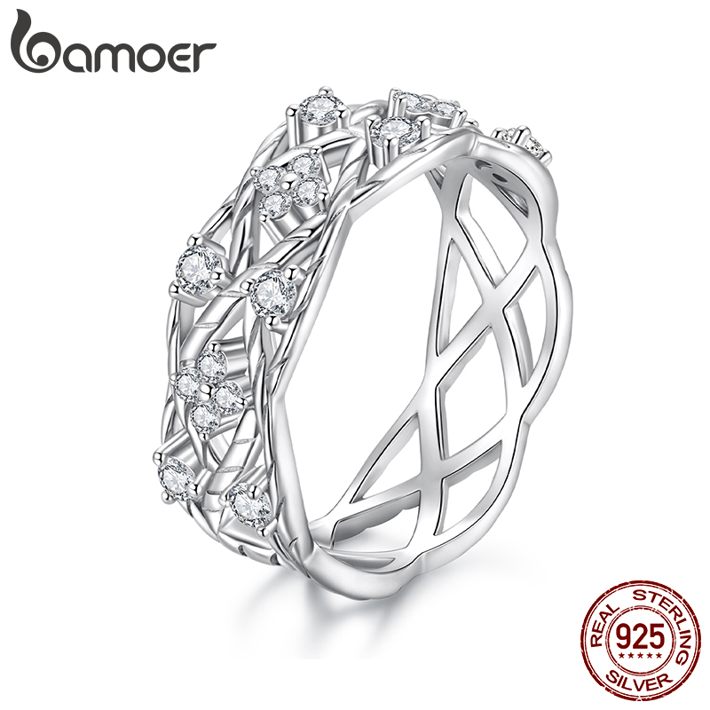 BAMOER Lucky Clover Moissanite Ring Vintage Vine Cross Hollowed Wide Band Ring for Women Engagement Jewelry Eternal Elegant Gift