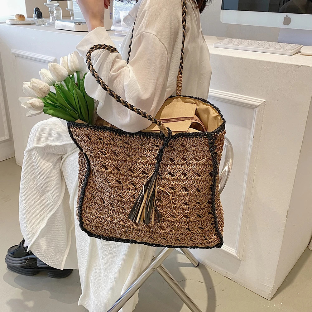 Summer Straw Bags for Women Straw Shoulder Bags Rattan Woven Boho Wicker Beach Tote Handbags Hollow Out Tassel Handle Bag Bolsas 250715