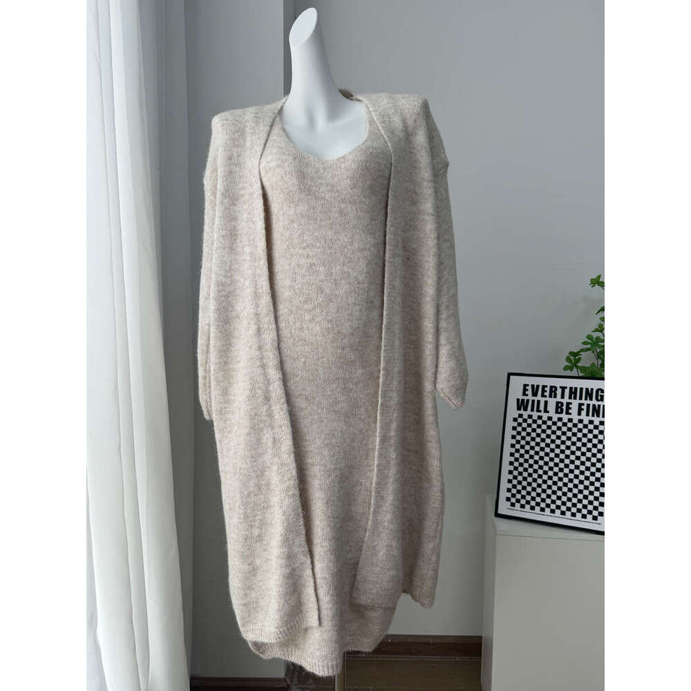 Autumn Winter Style Sweater Set For Women Loose Long Version Thickened Cardigan + V-Neck Vest Dress B5