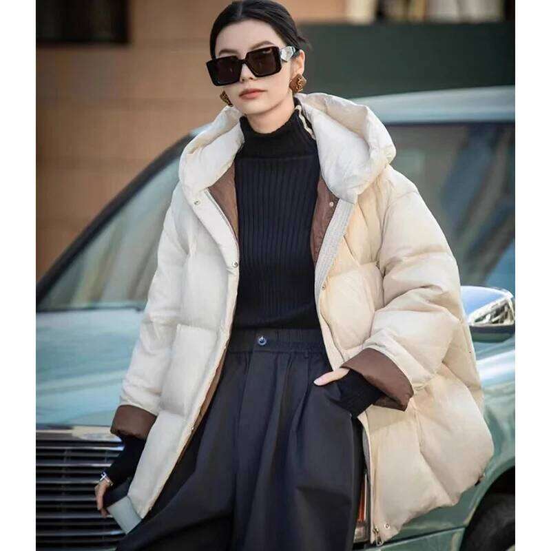 Schinteon Women Jacket Casual Loose Over Size Warm Autumn Winter Outwear White Duck Down With Hood Fashion Coat 2024 New MDNG