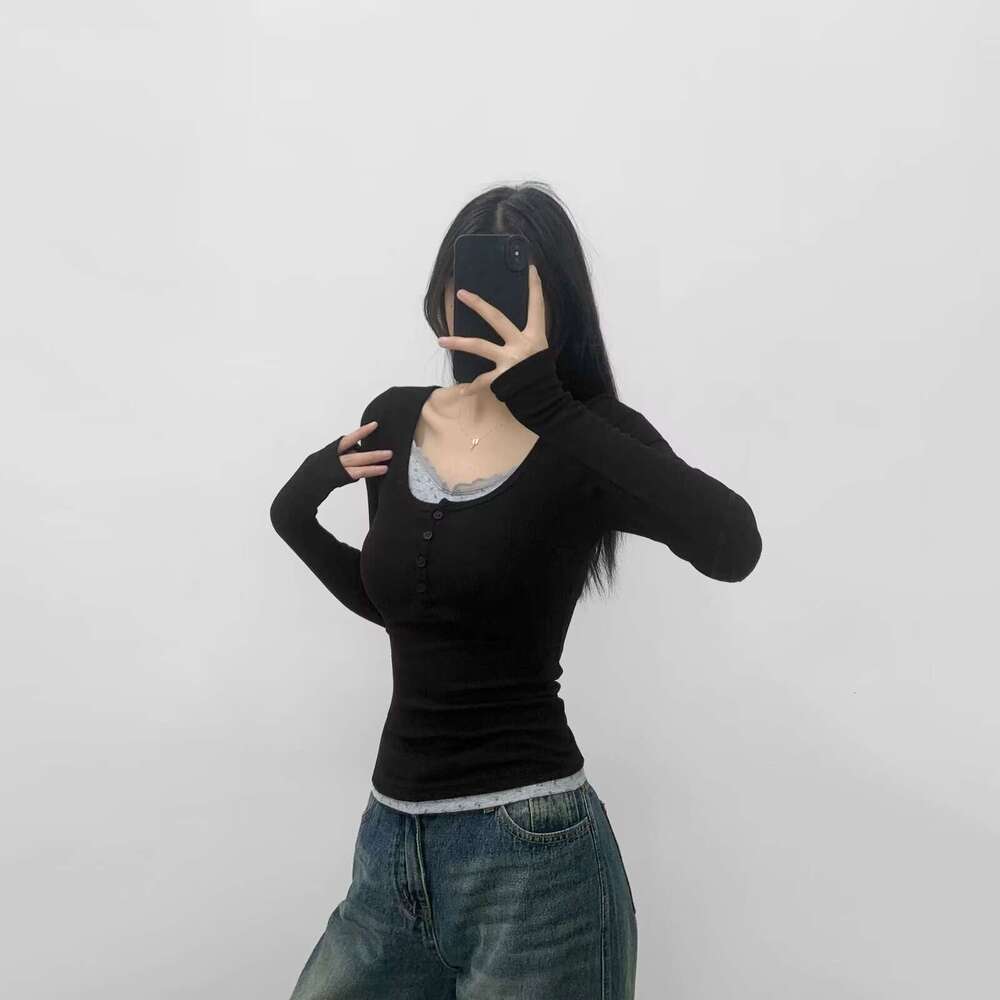Fake Two-Piece Long Sleeve T-Shirt For Women Autumn Hot Girl Pure Desire Slim Lace Design Base Shirt Inner Wear Top B5