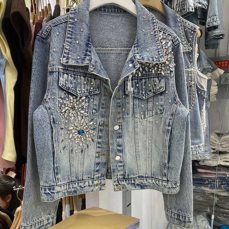 Spring New Fashion Beaded Dia Blue Denim Jacket Lapel Single-Breasted Long Sleeve Loose Casual Female Short Cowboy Outerwear