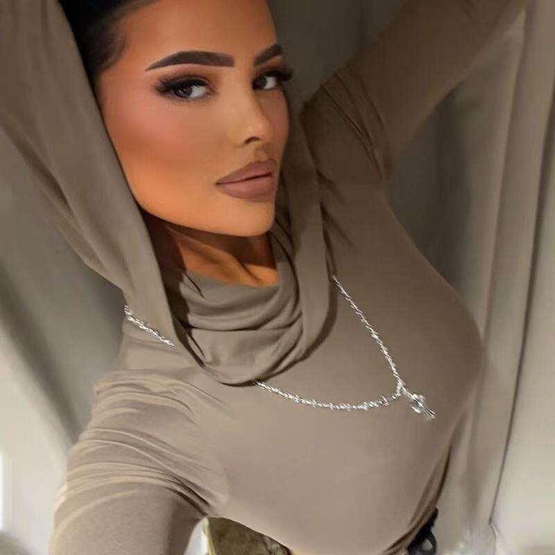 Autumn Basic Hooded Pile Collar Ruched Base Shirt Slim Fit Long Sleeve Cropped Solid Color Wasteland Style Top B5 g7