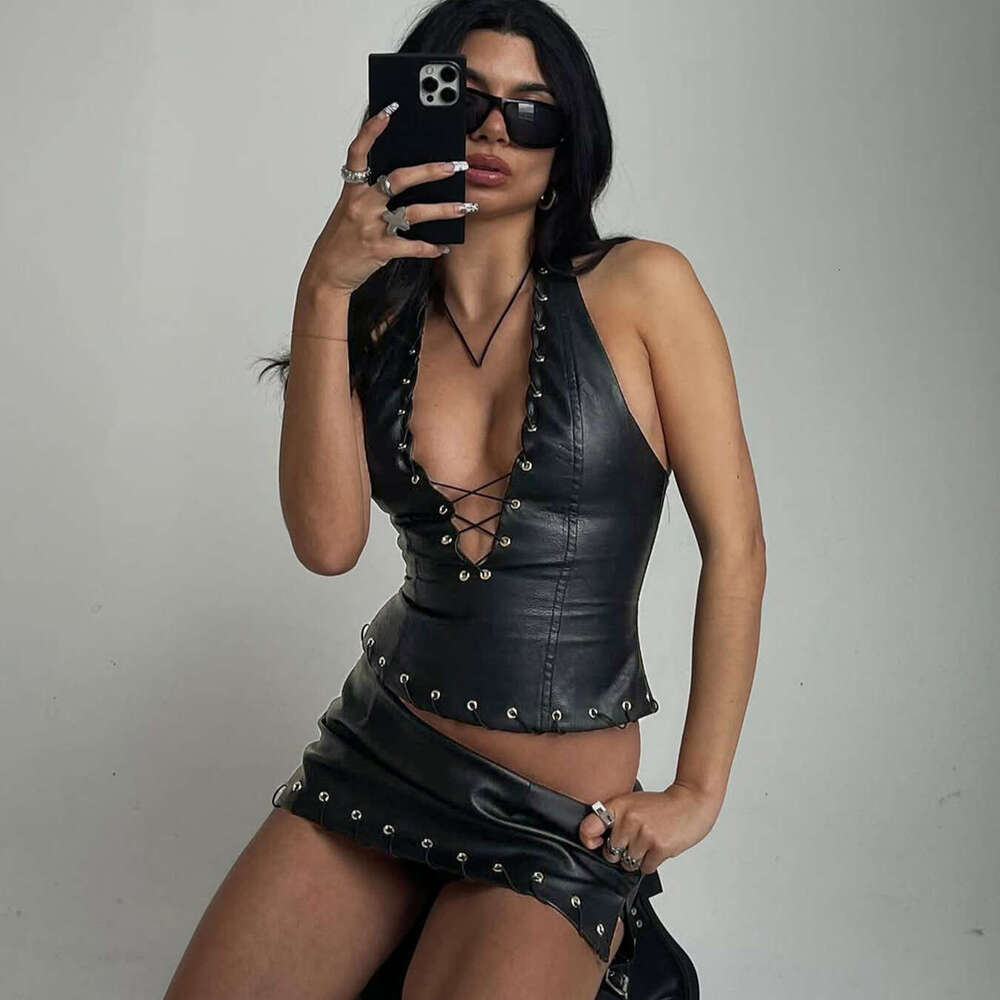 Punk Style Leather Sexy Hollow Out Halter Eyelet Lace-Up Vest Skirt Two-Piece Set For Women B5 g7