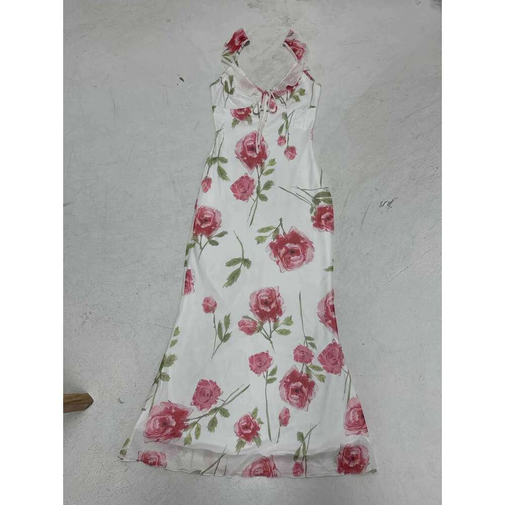 French Vacation Style Floral Print Mesh V-Neck Sexy Summer Strap Slim Long Dress B5 g7