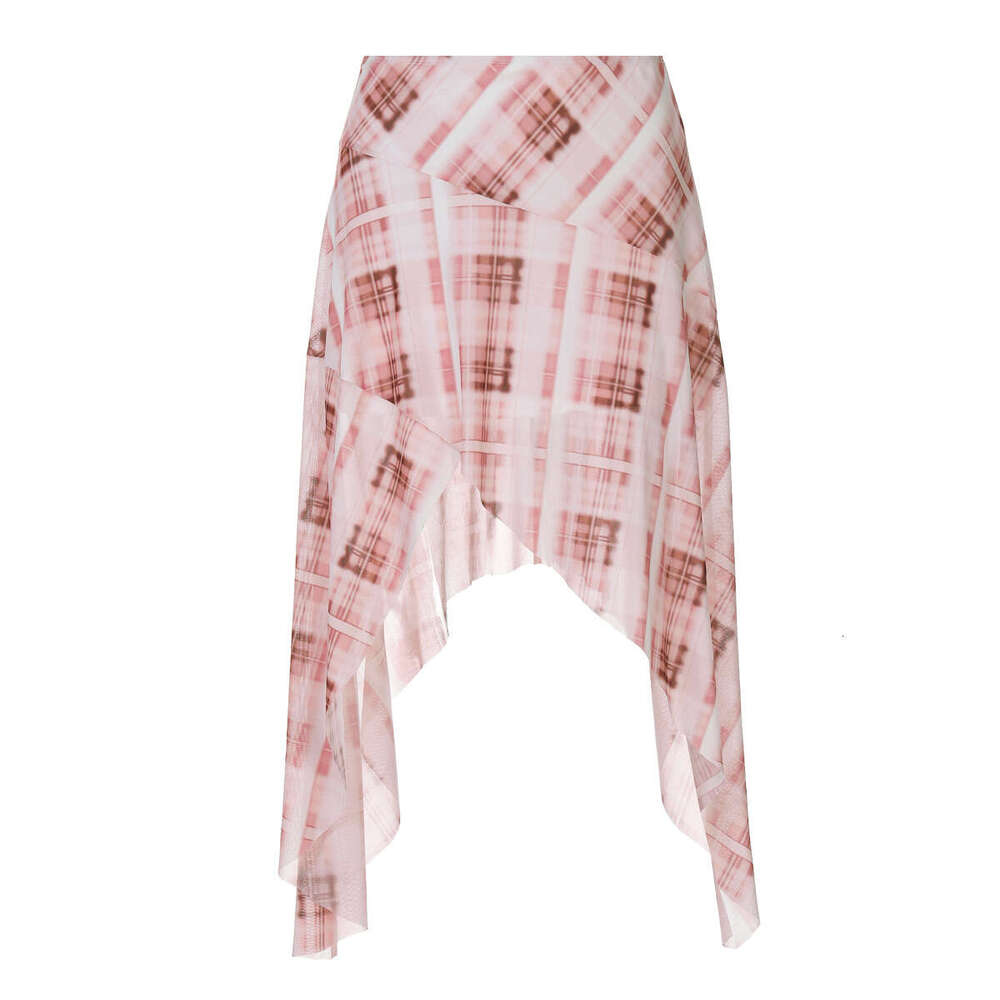 Ins Women's Fashion Summer New Mesh Plaid Print Irregular Low Waist Spicy Girl Style Skirt B5