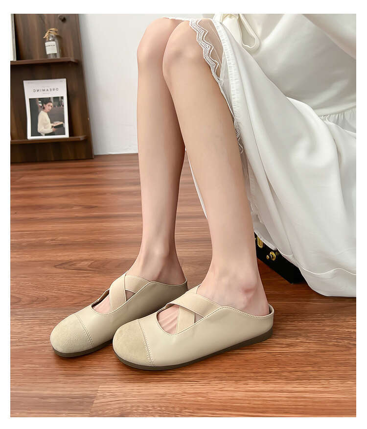 Su Yinyin Boken Women, Closed-Toe Half-Slip Mules, 2025 Korean Version Cross Strap Thick-Soled Casual Shoes for Women