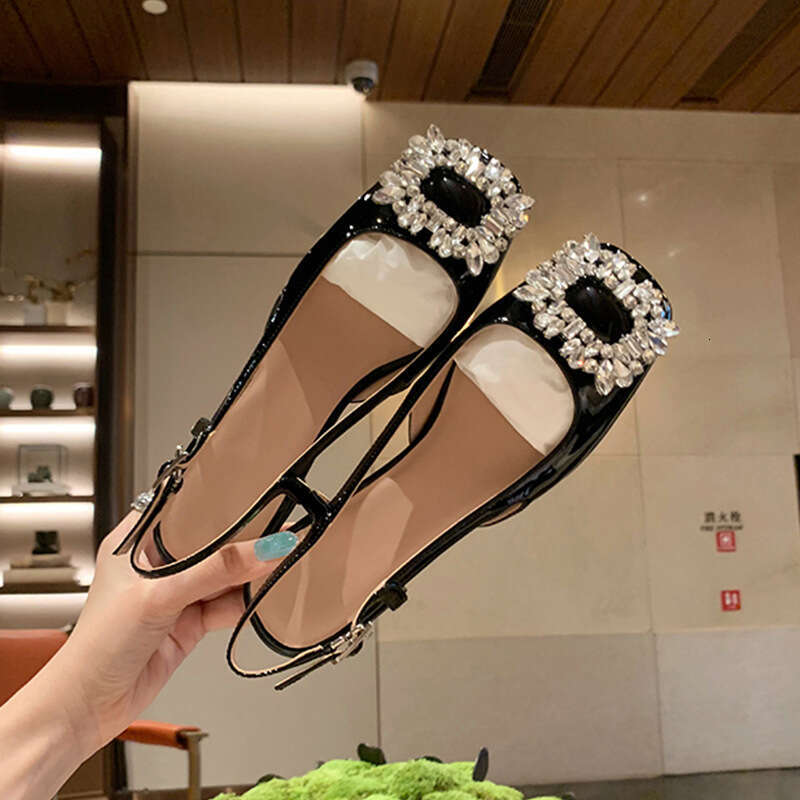 Designer Studiolee Sparkling Diamond Square Shallow Mouth Buckle Strap Backless Closed Toe Flat Low Heel Sandals for Women Summer