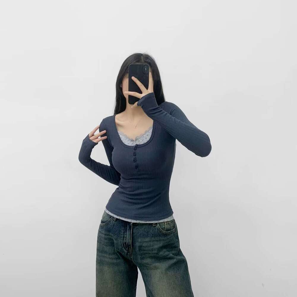 Fake Two-Piece Long Sleeve T-Shirt For Women Autumn Hot Girl Pure Desire Slim Lace Design Base Shirt Inner Wear Top B5