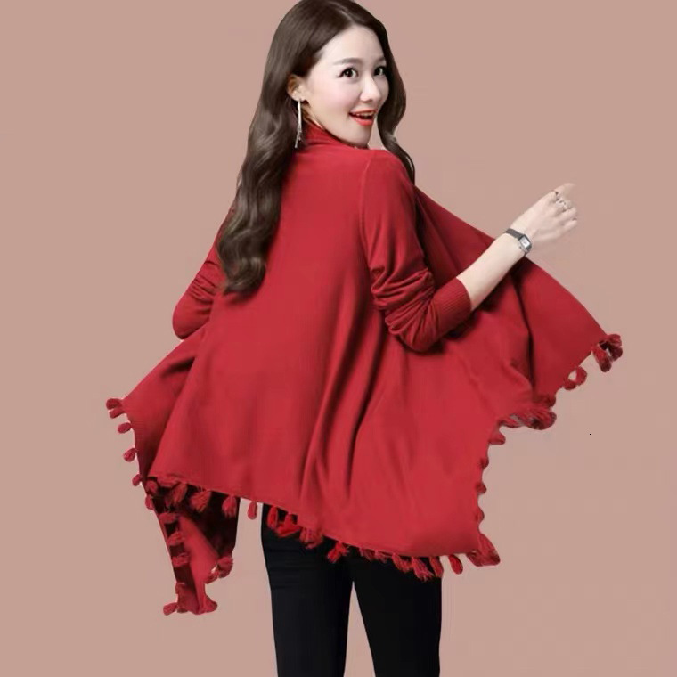 Trendy New Knitted Cardigan Women's Mid-Length Tassel Batwing Shirt Outerwear Shawl Cape Coat