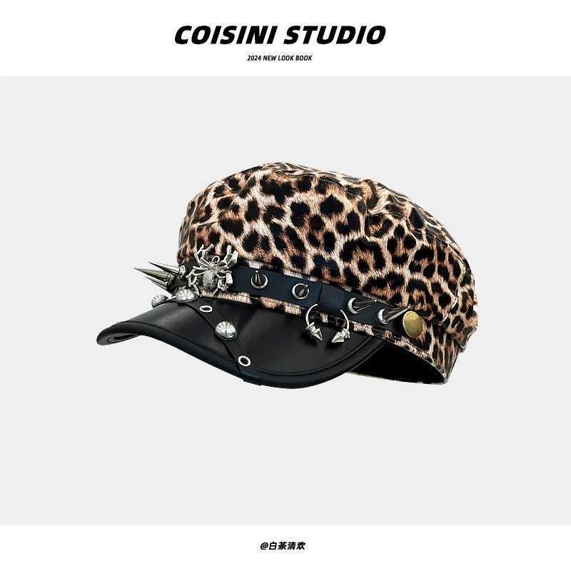 American Retro Leopard Print Rivet Buckle Octagonal Hats Women Spring Autumn Travel Photo Versatile PU Leather Newsboy Berets L250718