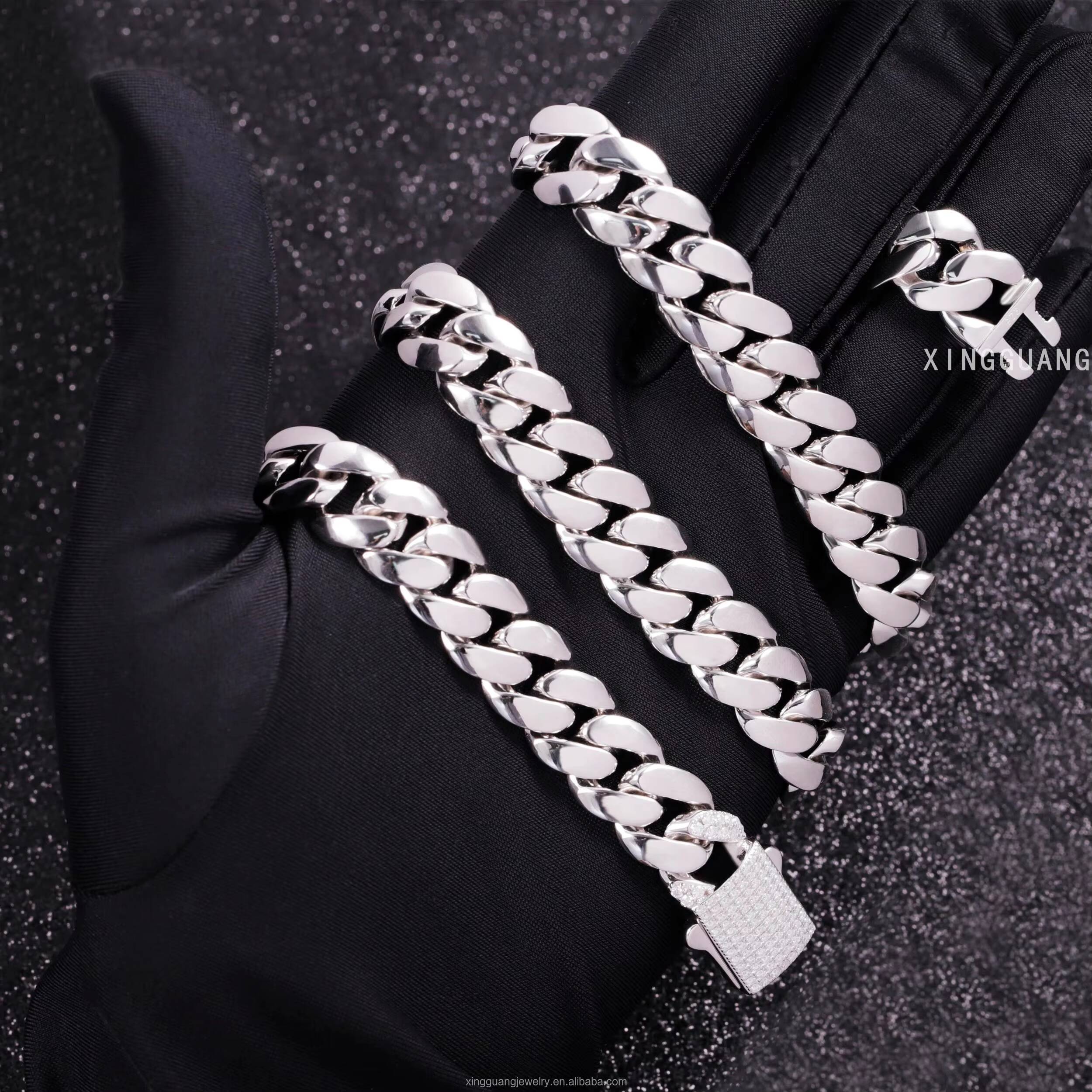 Spring/Snap Clasp White Gold Plated 8MM 10MM Miami Cuban Link Solid 925 Silver Plain Chain Moissanite Lock Cuban Chain Necklace