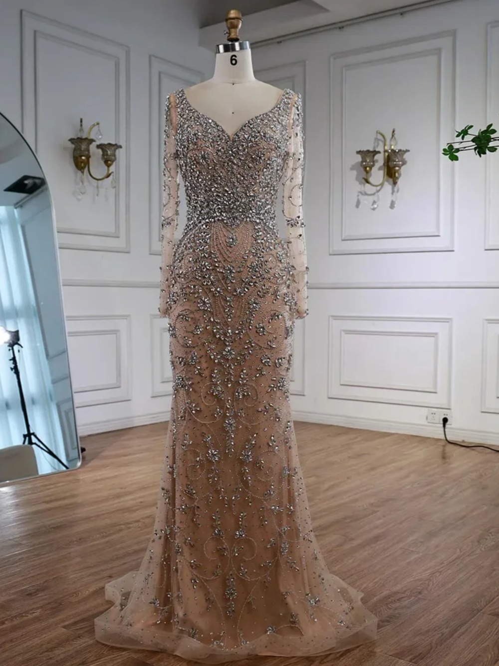 Unique Mermaid Evening Dress Sweetheart Neck Long Sleeve Crystal Beaded Prom Gowns Luxury Floor Length Formal Dresses Customized