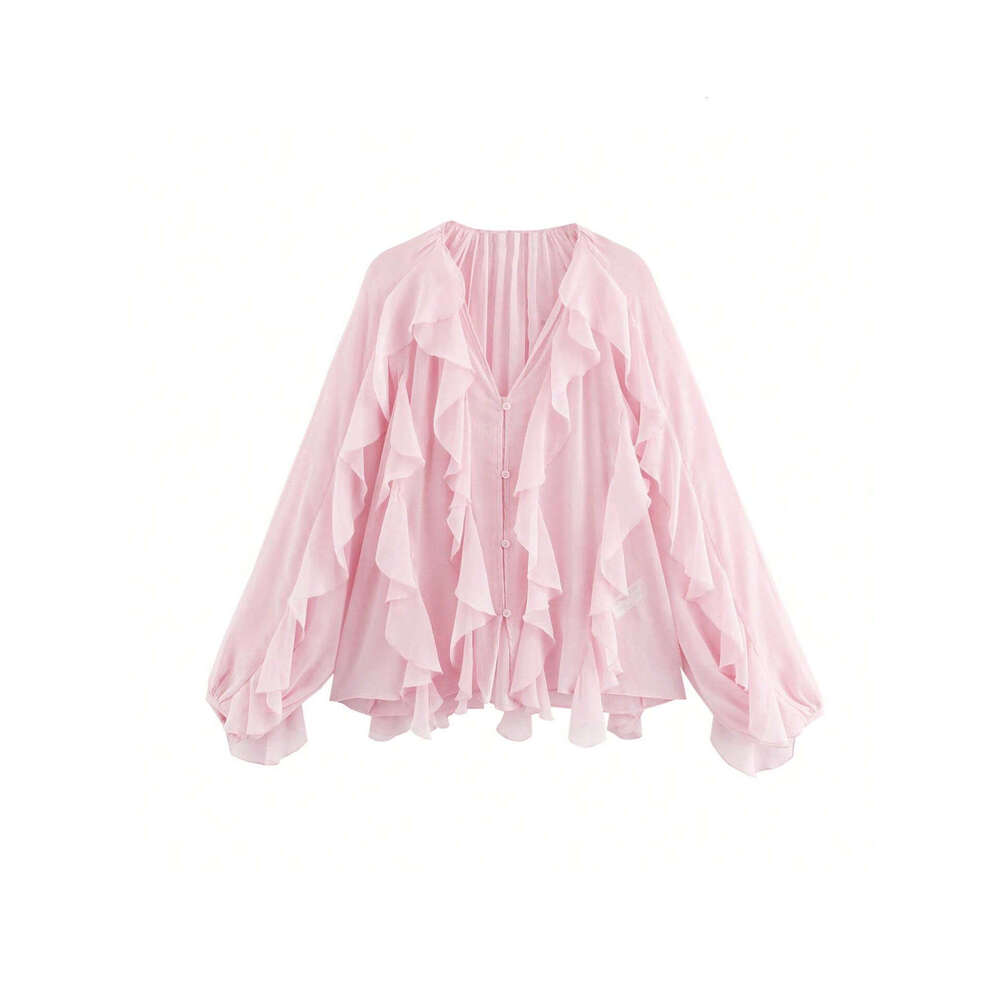 TRAFZA Spring Summer Women's V-Neck Layered Decorative Versatile Long Sleeve Shirt Pullover Top For Women B5