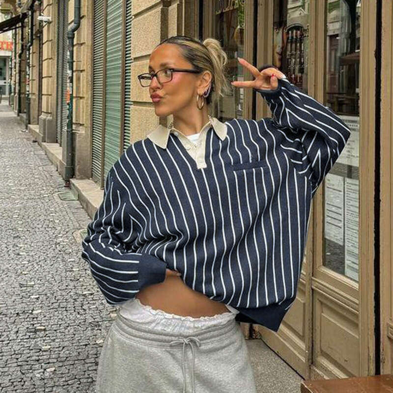 American Street Style Striped Polo Collar Loose Casual Sweatshirt Trendy Brand Hot Girl Lazy Color Block Top B5