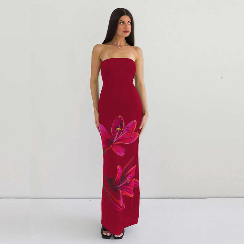 Women's Summer New Style Personality Print Off-Shoulder Strapless Tie Dress B5