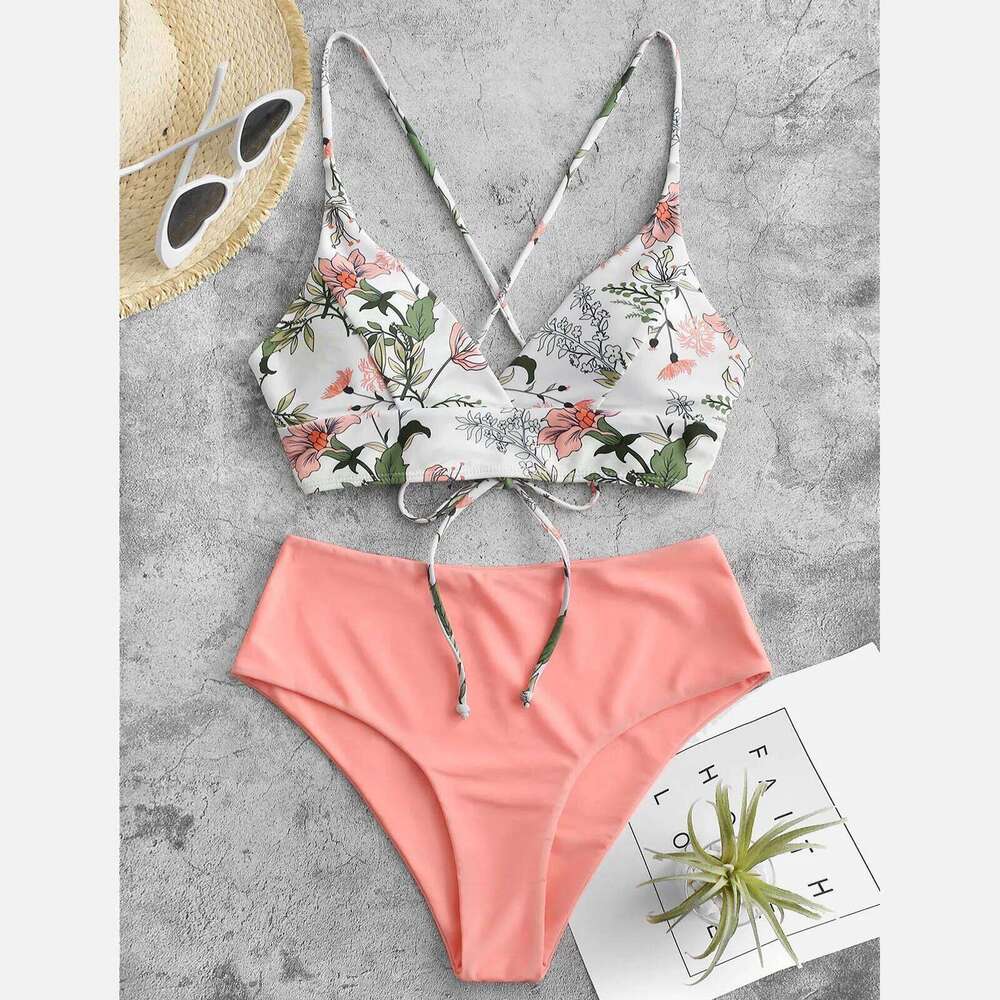 Women Split Swimsuit Flower Print Beachwear Sexy Halter Two Piece Tankini Set Plus Size Swimwear Beach Swimming Suit Biquini