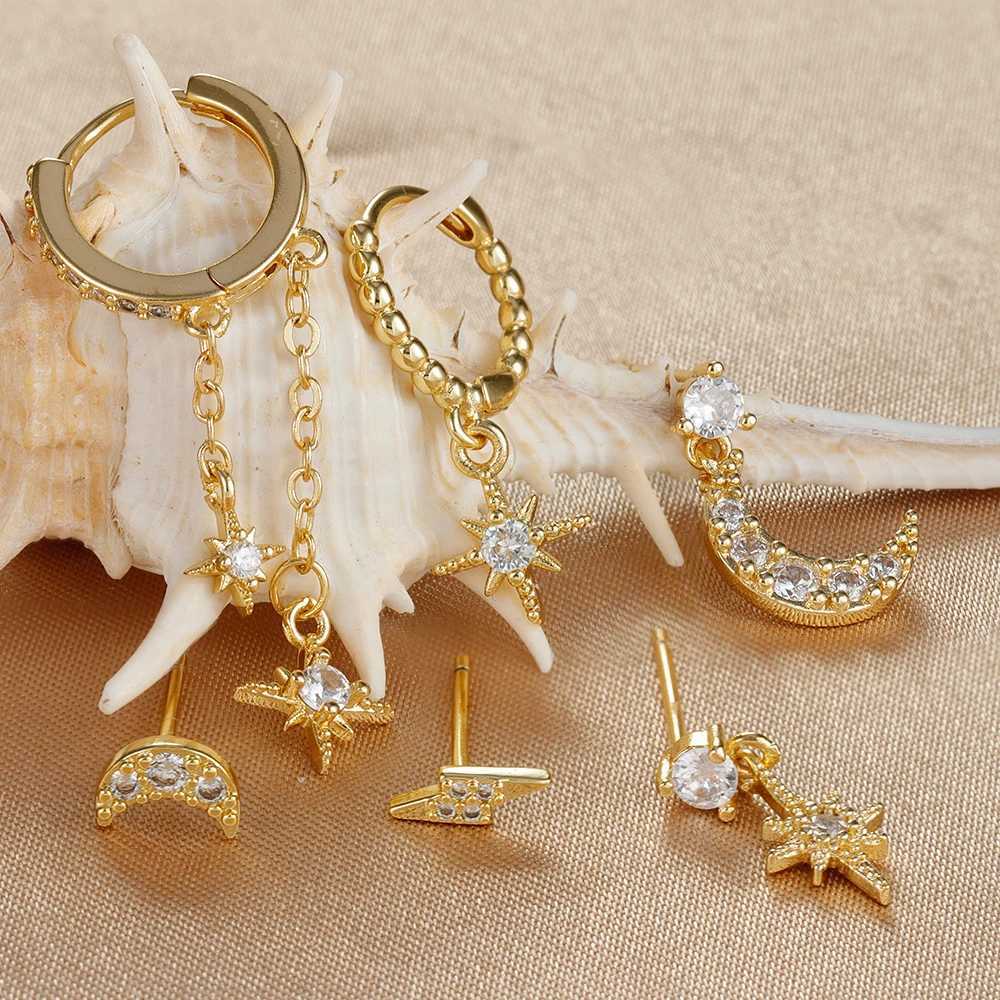 6PCS New Stainless Steel Chain Star Moon Hoop Earrings Set For Women Cubic Zirconia Pendant Cartilage Earring Piercing Jewelry X2507181