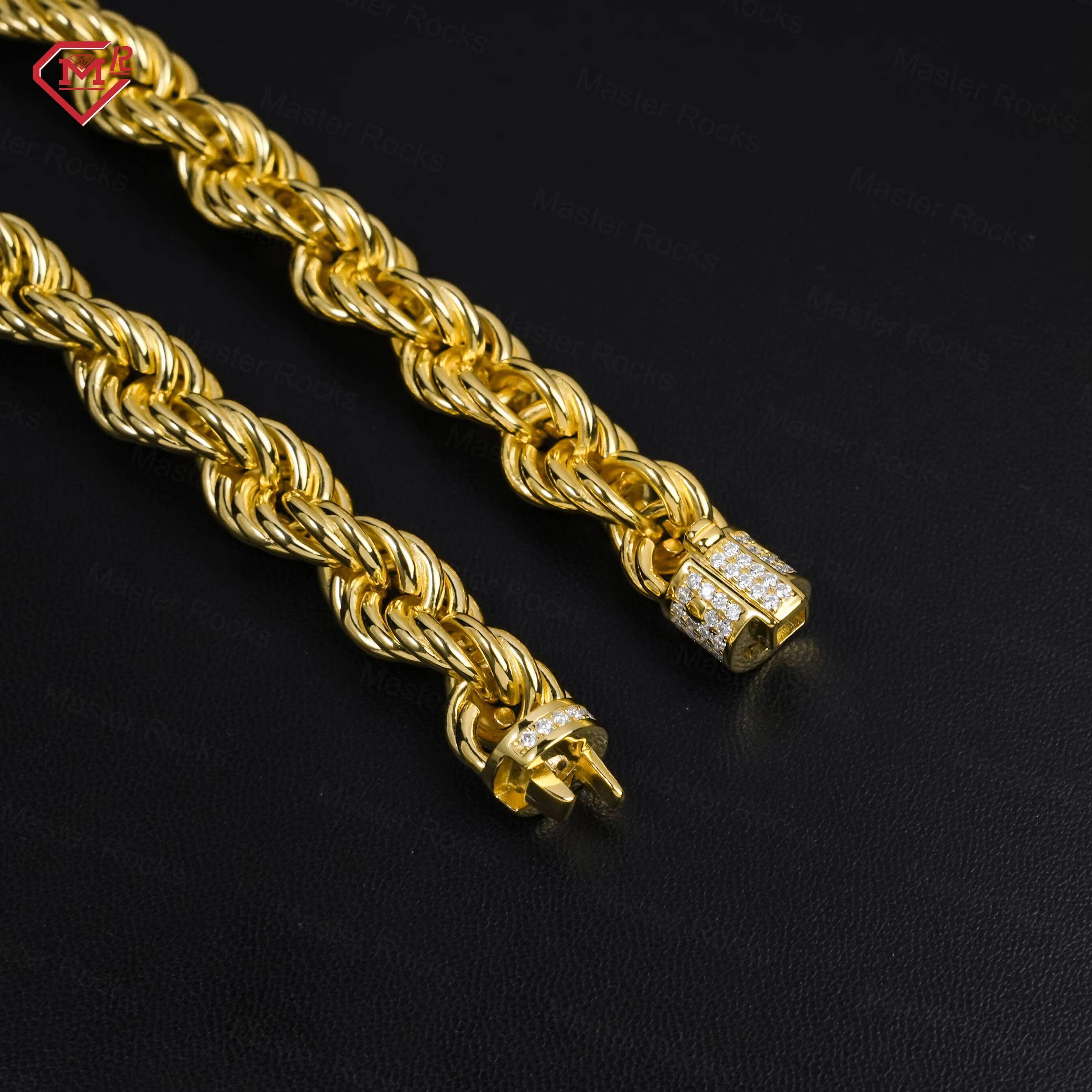 9mm Hip Hop Rope Chain 925 Silver Twisted Gold Plated Iced Out Clasp VVS Moissanite Cuban Link Chain