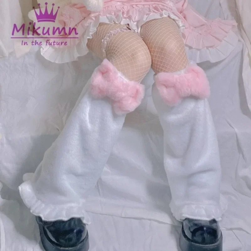Sweet Pink Bow Tie Leg Warmers Kawaii Japanese Plush Fur Leg Winter Warm Y2K Leg Covers Harajuku Bow Boot Cuffs JK Lolita Sock 250717
