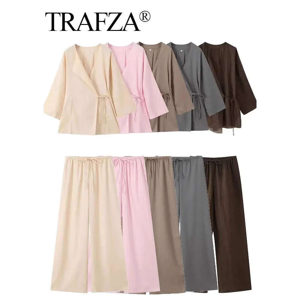 TRAFZA Women's Clothing Spring New Linen Tie Top And Pants Set B5