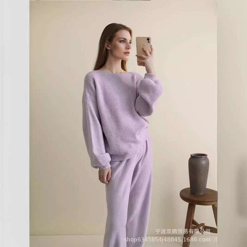 Loose Knit Set For Women Autumn Winter New Round Neck Sweater + Wide Leg Pants B5