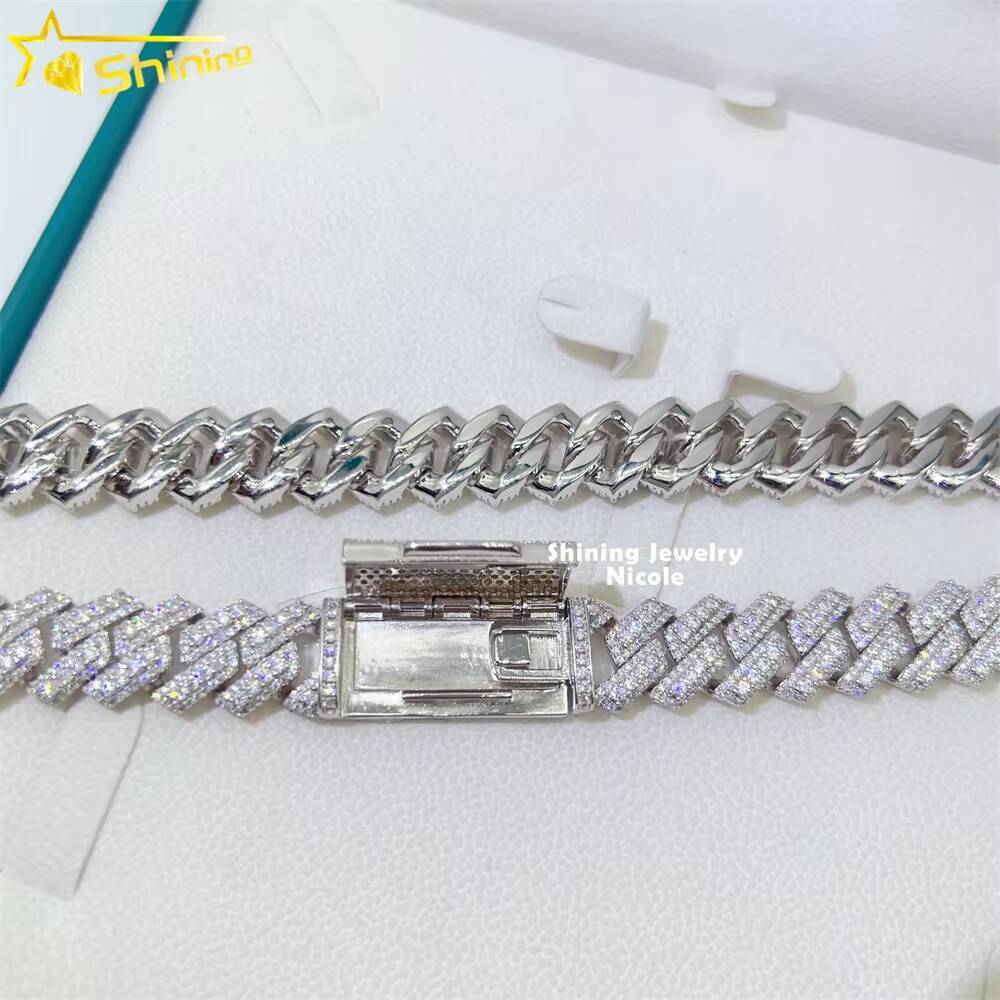 Hip Hop Fine Jewelry Vvs Diamond 3 Rows 15mm Cuban Link Necklace 925 Silver Men Moissanite Cuban Chain