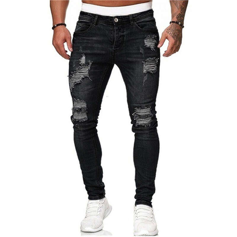 New Casual Slim Fit Small Foot Men's Fashion Ripped Jeans B5