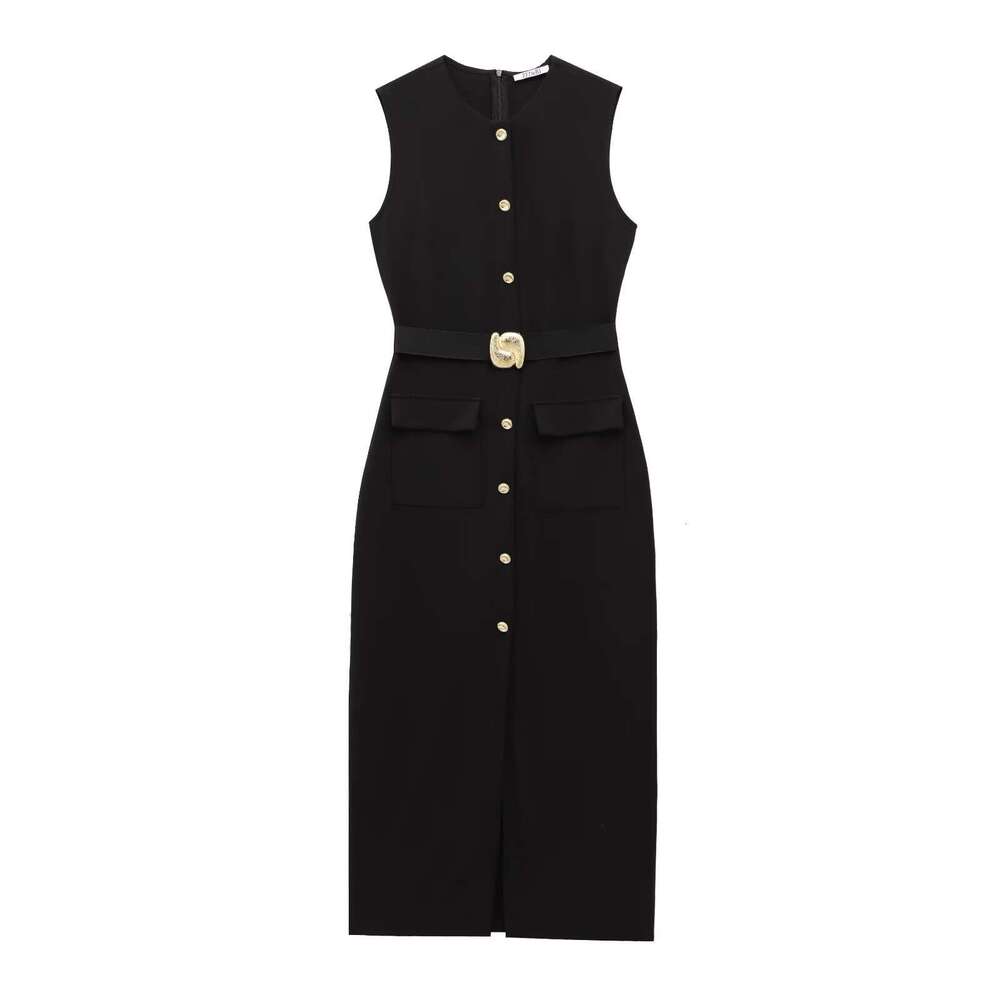 TRAFZA American Round Neck Spring New Style Belted Sexy Sleeveless Midi Dress B5