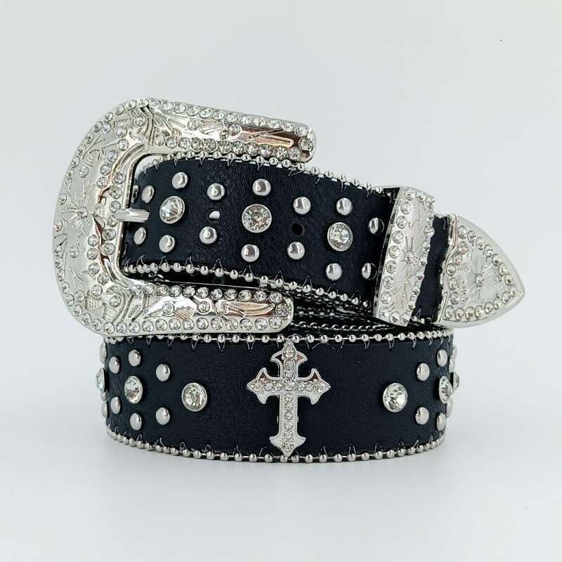 Wide Waistband Jeans Belt Rhinestone Inlaid Decoration Fashion Versatile Cross Ultra-fiber Faux Leather Unisex