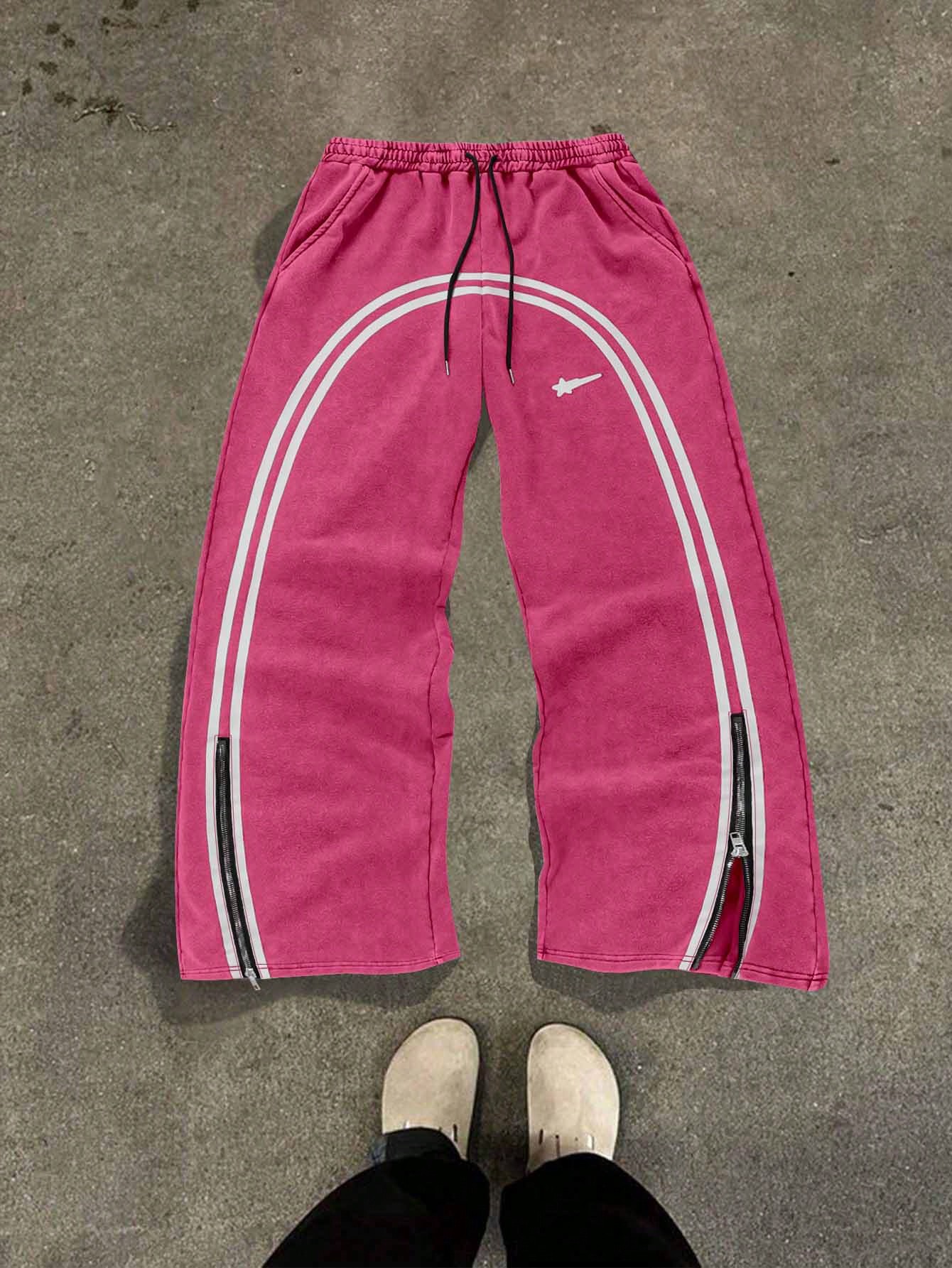 Streetrush Cotton Men's pants Plain Color Patchwork Front Drawstring Pocket Casual Sweat pants Drawstring Waist Printed Wide Leg Fashion Sweatpan