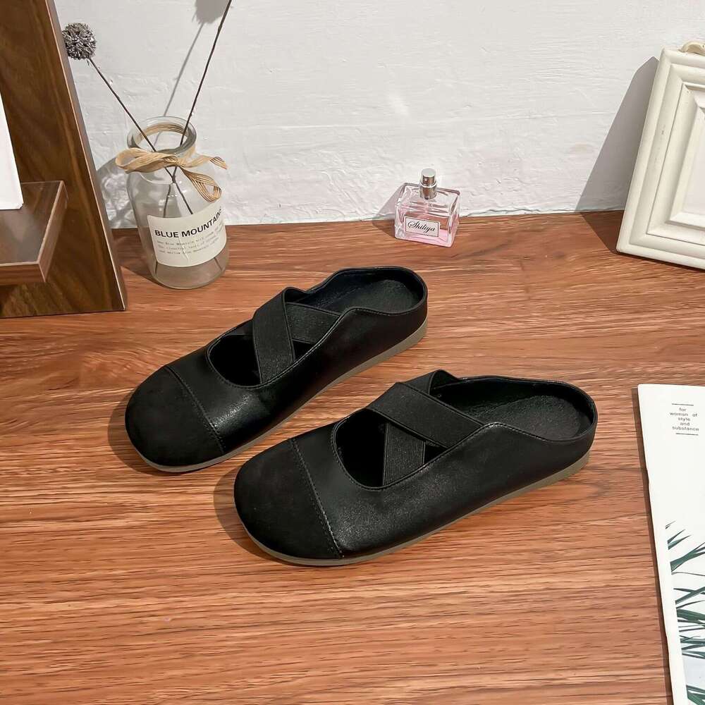 Su Yinyin Boken Women, Closed-Toe Half-Slip Mules, 2025 Korean Version Cross Strap Thick-Soled Casual Shoes for Women