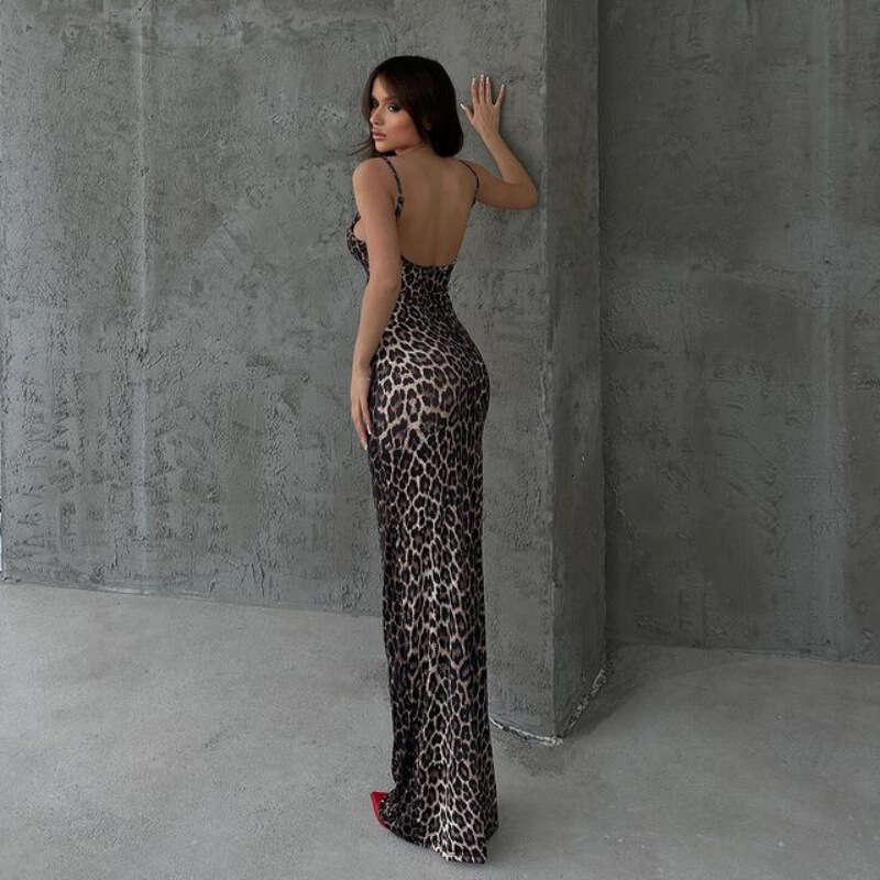 New Autumn Winter Women's Fashion U-Neck Strap Sexy Backless Leopard Print Dress B5