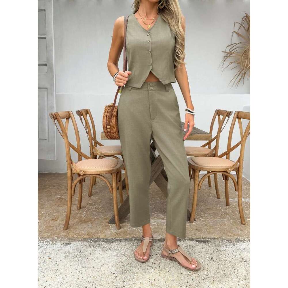Summer Women's Clothing Spring New V-Neck Sleeveless Vest And Dress Pants Casual Set B5