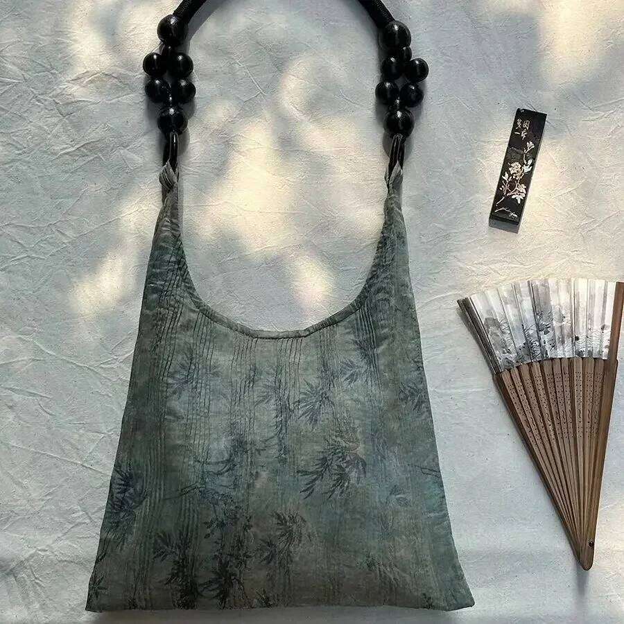 Vintage Tote Hasp SOFT Wood Beads High-Capacity Shoulder Handbag Girl Women Bag