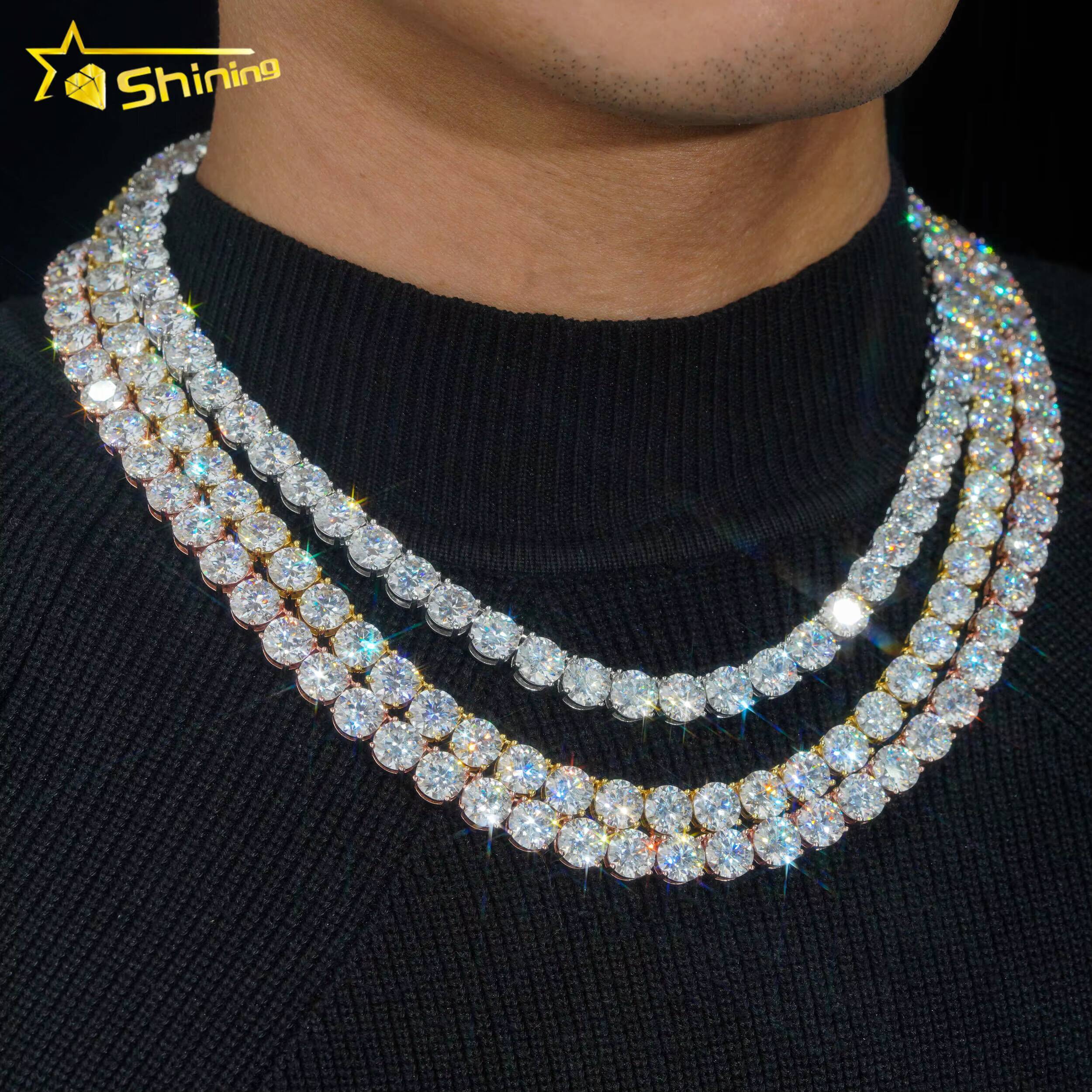 New Stock 8mm 10mm Big Hip Hop Necklace Luxury Bling 925 Silver Gold Plated Claw Set Lab Diamond Moissanite Tennis Chain