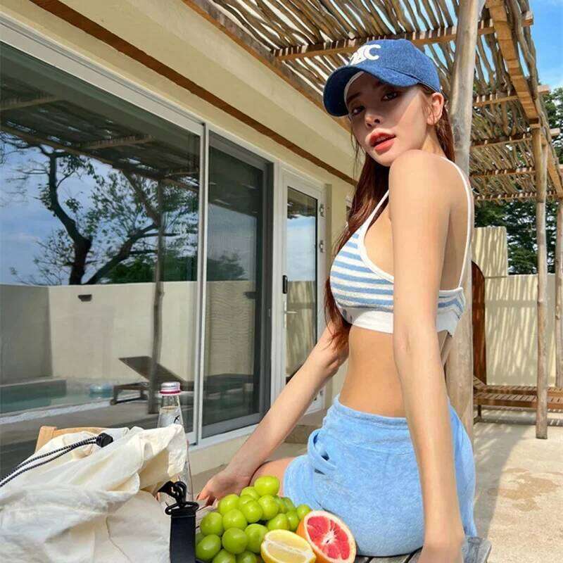 New Blue Striped Bikinis High Waist Shorts Swimsuit Women Swimwear Beach Wear Bathing Suits Korean Bikini Set Pool Bather 2025