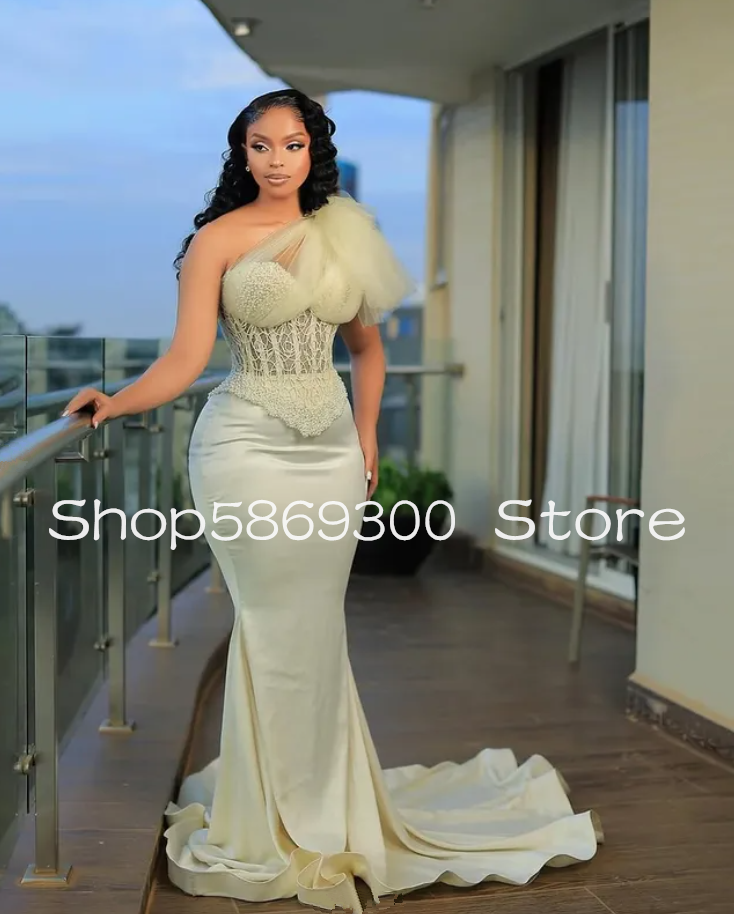 Luxury One-shoulder Long Mermaid Evening Formal Dresses Pearls Lace Ruffles Aso Ebi Prom Gala Gown Outfit Customsized