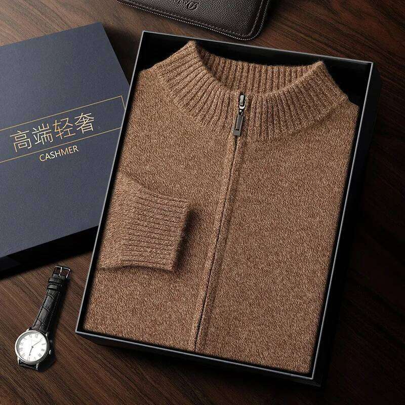 High-End Men 100% Sweater Mock-Neck Long Sleeve Zipper Cardigan Winter Thick Coat Smart Casual Cashmere Knitwear Tops