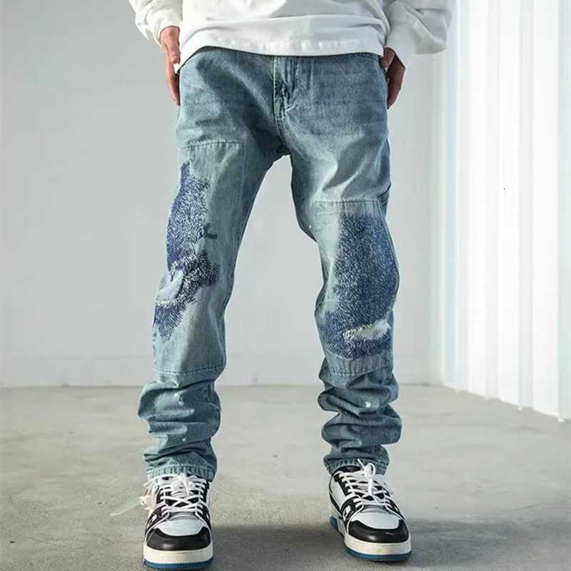 2023 Y2K Streetwear Patch Embroidery Ripped Stacked Jeans Pants Men Clothing Straight Old Hip Hop Denim Trousers Mens Pants X2507181