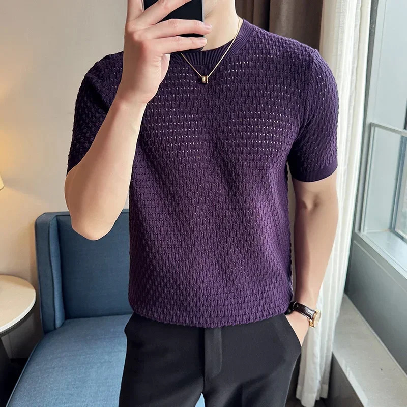 Men T-shirt 2025 Summer Thin Ice Silk Knitted Hollow Out Round Neck Short Sleeve Elastic Slim Fit T-shirt Men Clothing Top 250715