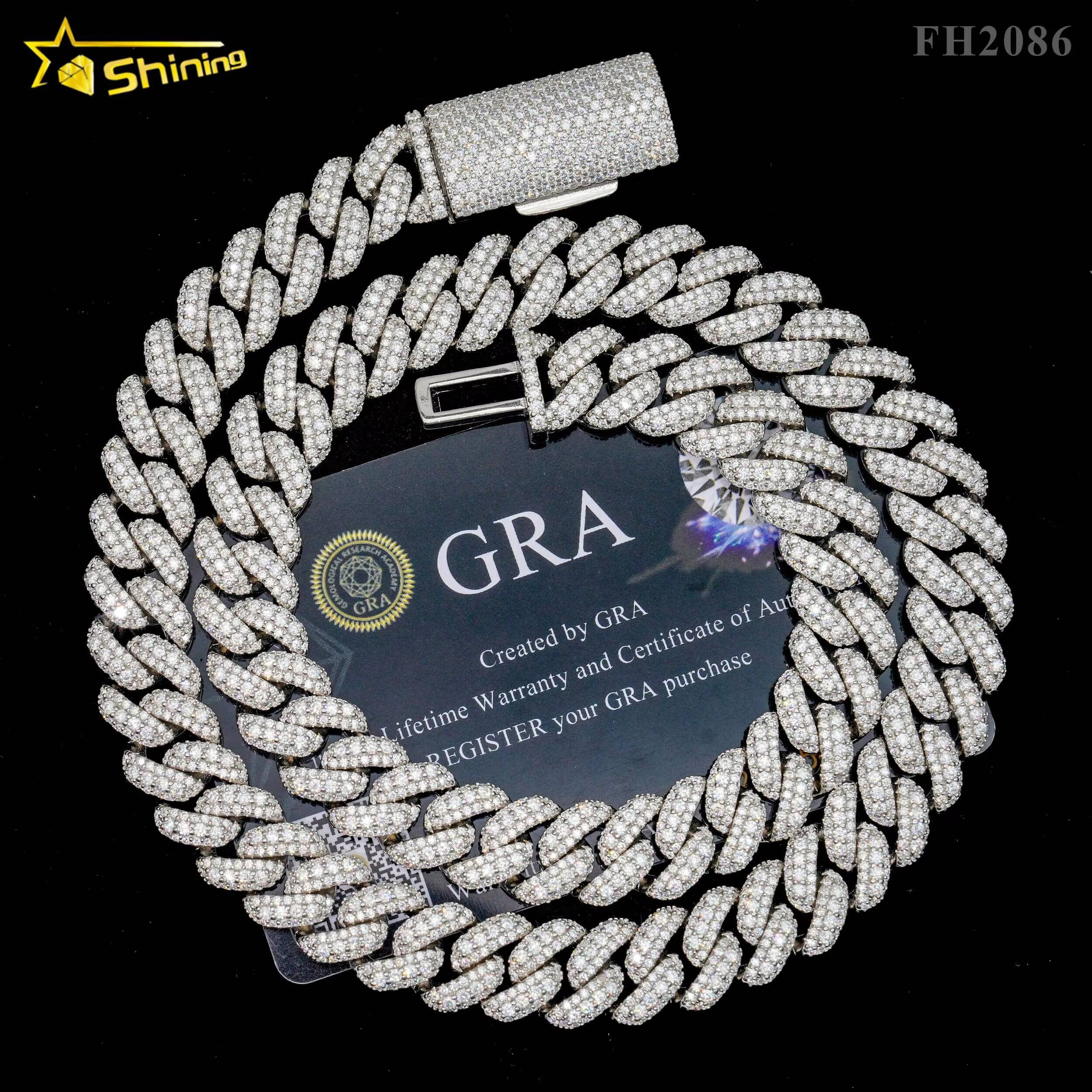 Pass Diamond Tester 12MM 3 Rows Moon Shape Hip Hop Necklace Moissanite Silver Cuban Link Chain
