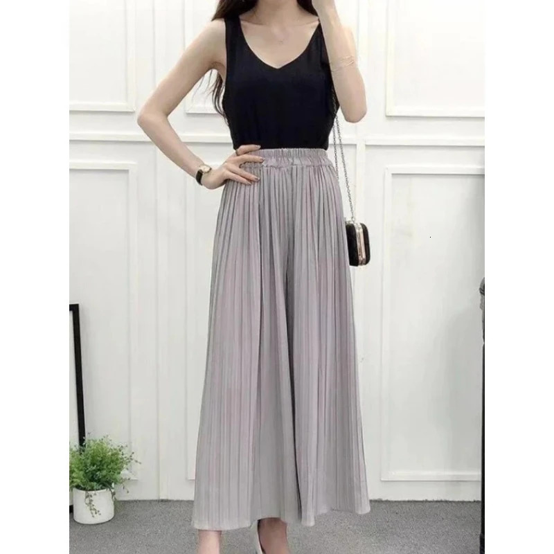 Summer Womens Pants Korean Fashion Solid Elastic Waist Pleated Loose Skirt Plus Size Casual Wideleg Cropped 250714